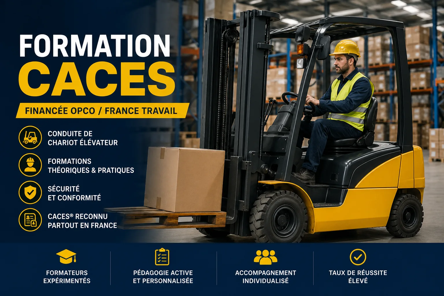 Formation CACES chariot élévateur, financée OPCO ou France Travail — MonCACES